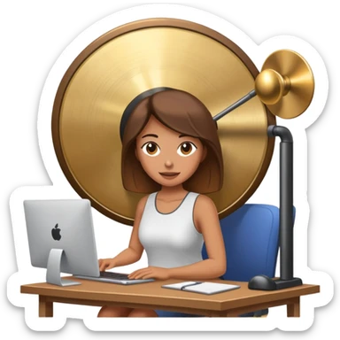 Woman in her work-from-home office on her computer with a huge gong in her office  sticker