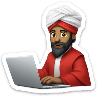 A caliph with turban and red clothes writing in a laptop sticker