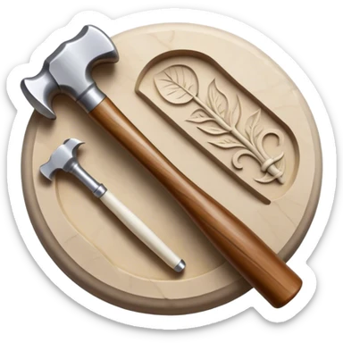 Carving icon, stone, bone, and horn with detailed patterns, carving tools like chisel, awl and hammer, minimalistic style, clean lines, transparent background. sticker