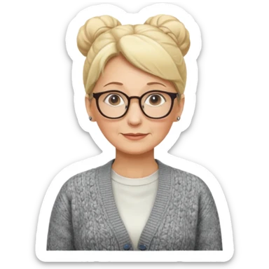 older teacher with blonde bun and glasses sticker