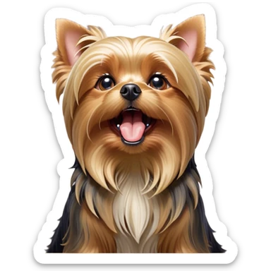 Cinematic Cute Yawning Yorkshire Terrier Portrait Emoji, Head tilted with a playful, drowsy expression and droopy, adorable eyes, featuring a soft, well-groomed fur in rich hues, simplified yet irresistibly endearing, highly detailed, glowing with a warm, cozy radiance, high shine, exuding a relaxed yet spunky charm, styled with a gentle, soft glowing outline, capturing the essence of a Yorkshire Terrier mid-yawn that seems as if it could cuddle right off the screen! sticker