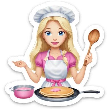 Cinematic realistic beautiful blonde with long hair, blue eyes and pink lips in a white dress cooks pancakes sticker
