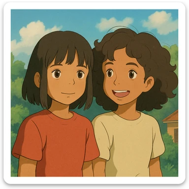 Una chica morenita con cabello lacio y fleco y otra chica a su lado morenita con el cabello chino sticker