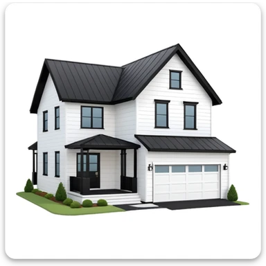 modern farmhouse with white siding, black roof and black trim, exterior view, 3d sticker
