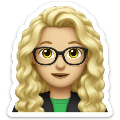 Long blonde wavy hair green eyes glasses with black cat  sticker