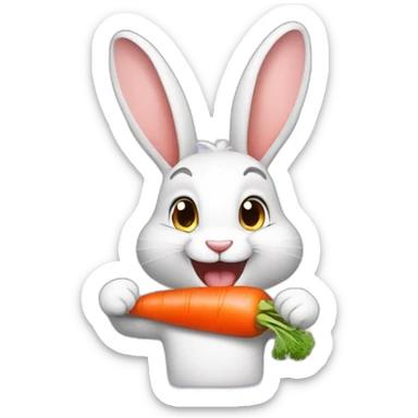 A happy rabbit wearing a t-shirt eats a carrot sticker
