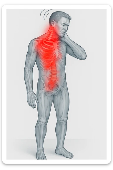 Uomo con dolore per infortunio vista anatomica in piedi con dolori cervicali vertigini e sbandamenti sticker