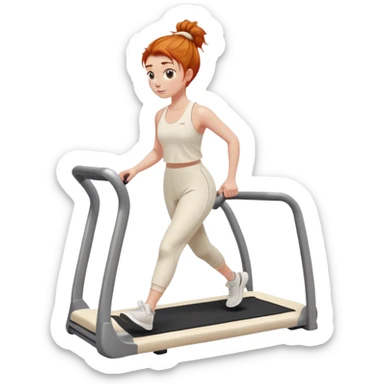Ginger girl messy bun home gym walking on walking pad cream gym outfit sticker