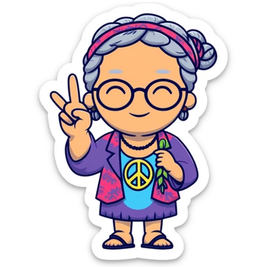 hippie grandma with round glasses, peace sign, tie-dye shirt, grey hair in braids sticker