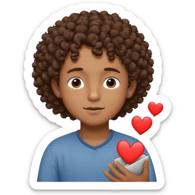 Brown boy with curly hair dreaming abouthis girlfriend small smirk on his face eyes closed with a little heart next to him sticker