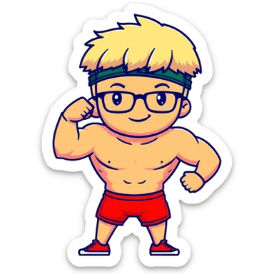 Skinny man with black and white cap, thin bare torso, red shorts, clear glasses, messy light blond mullet hairstyle, smiling and attempting to flex nonexistent muscles sticker