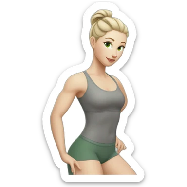 Pale skinned fit woman In a gray tight yoga suit With ash blonde hair in a ponytail and green eyes doing yoga sticker