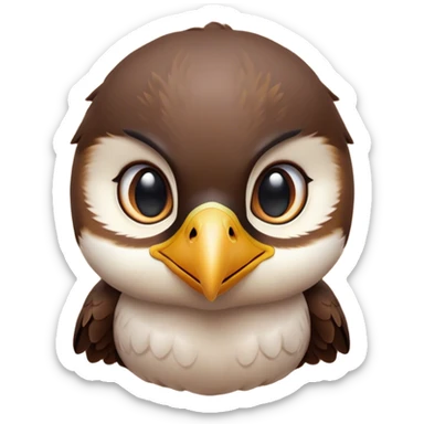 Cinematic Cute Falcon Portrait Emoji, Head tilted playfully and inquisitively, featuring a sleek, agile form with a delicately curved beak and round, sparkling eyes full of spirited charm, Simplified yet irresistibly adorable features, highly detailed, glowing with a warm, inviting glow, high shine, affectionate and lively, stylized with a touch of whimsical aerial grace, soft glowing outline, capturing the essence of a mischievous yet endearing falcon that seems as if it could dart out of the screen into your heart! sticker