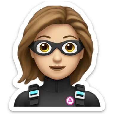 a woman with an a black scubadiver suit. pink dive mask, she has blue eyes inside the dive mask. brown long and straight hair sticker