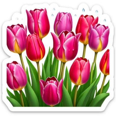 Tulips – Cinematic Realistic Tulips, depicted as a vibrant field of blooming tulips in brilliant hues, each delicate petal catching dewdrops under soft, natural spring light, rendered with detailed textures and a dreamy, picturesque glow. sticker
