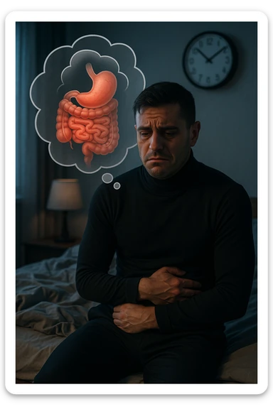 a tired-looking man sits on the edge of his bed at dawn, holding his stomach with a pained expression. Dark circles under his eyes and a messy bed indicate poor sleep. In the background, a clock shows early morning hours, and a thought bubble or overlay highlights digestive organs, emphasizing intestinal discomfort linked to sleep deprivation. sticker