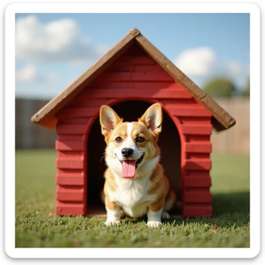 realistic red dog house with a Corgi dog inside, Corgi with a popsicle, photorealistic style sticker