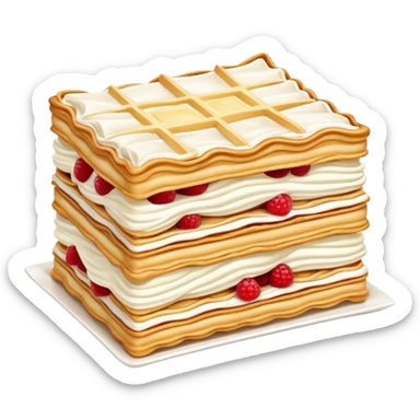 Mille-feuille Cinematic Realistic Mille-Feuille Dessert Emoji, depicted as a delicate pastry composed of two crisp layers of puff pastry with a rich cream filling, rendered with intricate textures and elegant, soft lighting. sticker