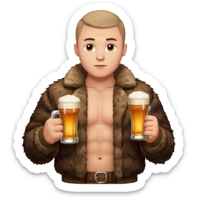 „A strong Russian young man with a buzz cut, muscular build, wearing a bear fur coat, holding a beer in one hand, confident expression, snowy background, Slavic aesthetics sticker