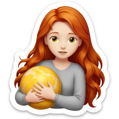 Happy long haired redhead hugging big yellow marble sticker