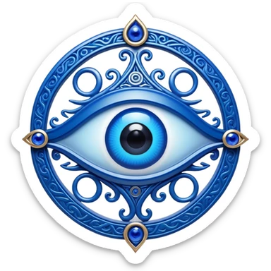 Cinematic Realistic depiction of a classic Evil Eye talisman, rendered with intricate details and vibrant blue hues, set against a soft, ethereal backdrop that underscores its protective symbolism sticker