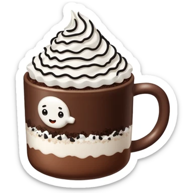 Hot chocolate with whipped cream and marshmallows on top of the whipped cream and also crunched Oreo crumbs. sticker