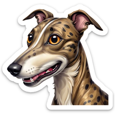 Cinematic Comical Brindle Greyhound Portrait Emoji, Head tilted dramatically with an exaggeratedly amused expression, featuring a striking brindle Fur with bold patterns, wide, expressive eyes filled with playful disbelief, Simplified yet hilariously expressive features, highly detailed, glowing with a slightly sassy glow, high shine, dramatic yet playful, stylized with an air of cheeky mischief, bright and endearing, soft glowing outline, capturing the essence of a spirited and over-the-top racer, so meme-worthy it feels like it could side-eye its way into internet fame instantly! sticker