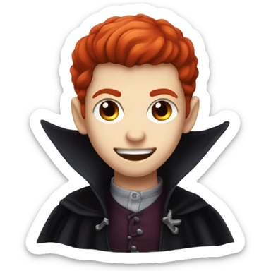 a vampire boy with red hair, fangs and red eyes, wearing vampire coat sticker