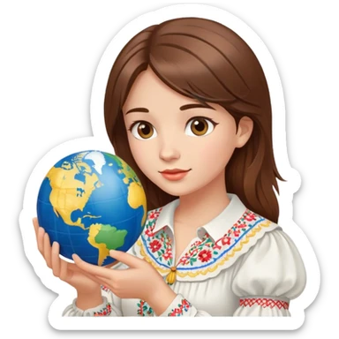 Beautiful young girl with brown hair wearing a white Ukrainian embroidered shirt holding a globe in her hand sticker