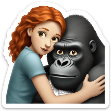 a redheaded girl with blue eyes hugging a fat smelly short gorilla sticker