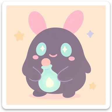 A spriggan from FFXIV holding a glowing fantasia bottle, detailed, cute, whimsical fantasy creature sticker