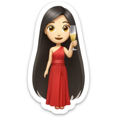 Long hair Japanese girl holding a champagne glass in red dress  sticker