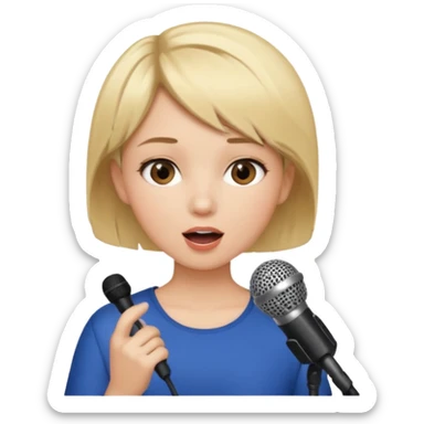 Crea una chica cantando con pelo rubio corto con ojos cafes  sticker