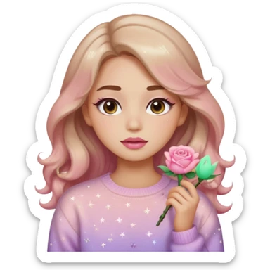 “Emoji girl, soft eyeliner, gradient rose lips, light brown shimmer eyeshadow, sparkly aegyo-sal, long wavy hair, cozy pastel sweater.” sticker
