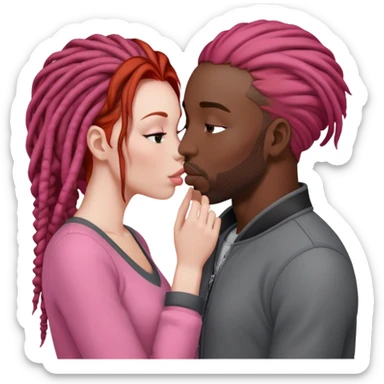 Mulher ruiva, pele branca, roupinha rosa, beijando um homem negro, com dreads nos cabelos e roupa cinza sticker
