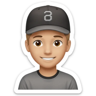 Create a teen boy wearing a faded black T-shirt. He will have light brown hair that is buzzed, tan skin, and dark brown eyes. He is wearing a gray baseball hat turned backwards. He is smiling sticker