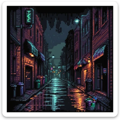 Pixel art background, dark Gotham City alley at night, flickering neon signs, wet asphalt, trash bins, moody streetlight, silhouettes in windows, Sega fighting game style
 sticker