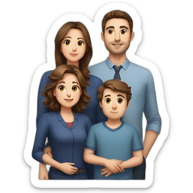 Family photo with father 28 years old 110kg space engineer with brown hair, mother school teacher 27 years old 100kg brown eyes and brown hair, baby boy 15 months brown hair sticker