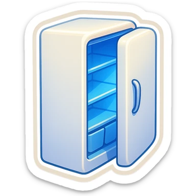 Open modern refrigerator with door slightly ajar, soft blue light glowing from inside, simple shelf shapes, no food details, rounded vector style, clean and minimal, sticker-like, white exterior. sticker