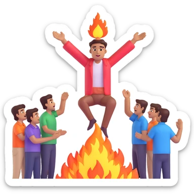 emoji showing Rakesh as a god-like figure radiating power and fire, holding a 1 lakh reward, standing above five team members worshipping or admiring him, representing his promotion to COO sticker