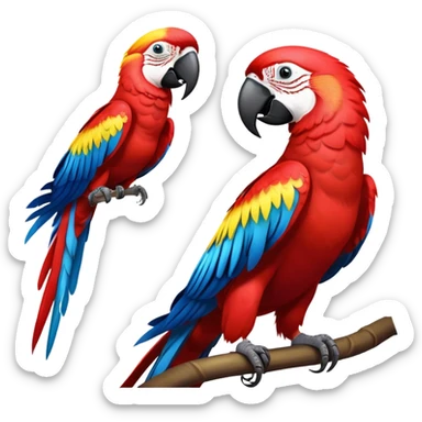 cinematic-macaw-realistic-full-body-standing-emoji,-vibrant-feathers-glowing-with-rich-reds,-blues,-and-yellows,-head-tilted-dramatically,-curved-black and white-beak-gleaming,-piercing-dark-eyes-exuding-confidence,-simplified-yet-realistic-focused sticker