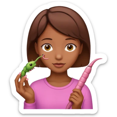 a girl with brown eyes, brown short hair and a worm sticker