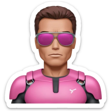 Schwarzenegger-like Terminator, upper body only, wearing his iconic clothes in pink (all clothes must be pink), looking more human with minimal robotic details, and wearing dark sunglasses. sticker