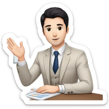 Professional 35-year-old business consultant with black wavy hair, stubble, strong jawline, white skin tone, wearing smart casual business attire, sitting at a table with clients, gesturing confidently while explaining a business strategy sticker