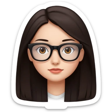 une ado, brune aux cheuveux tres fonces longs lisses blanche, ,lunettes carres noires, yeux bruns joues rose sticker