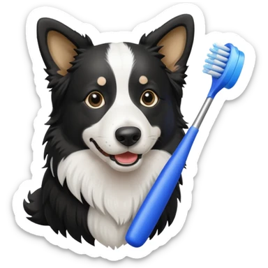 border collie black and white holding a blue toothbrush sticker
