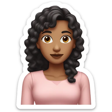 White woman with long black curly hair and bangs and dark brown eyes, wearing a pastel pink dress sticker