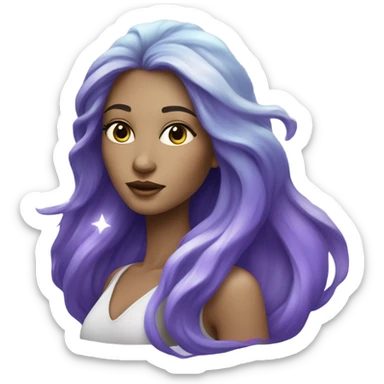 white woman with mystical sparkling galaxy hair with moon and stars in purple and blue shades sticker