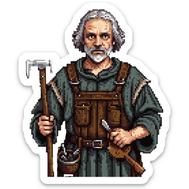 middle-aged peasant man in ragged medieval clothes with dirty face and simple tools sticker