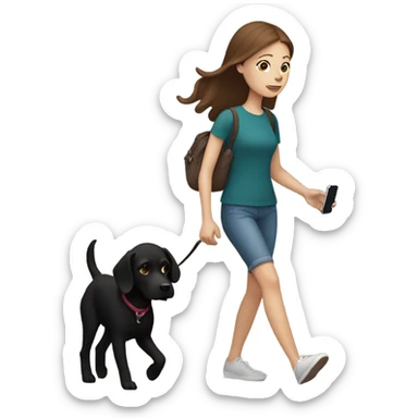 white girl with brown hair walking her black dog and using her iPhone sticker